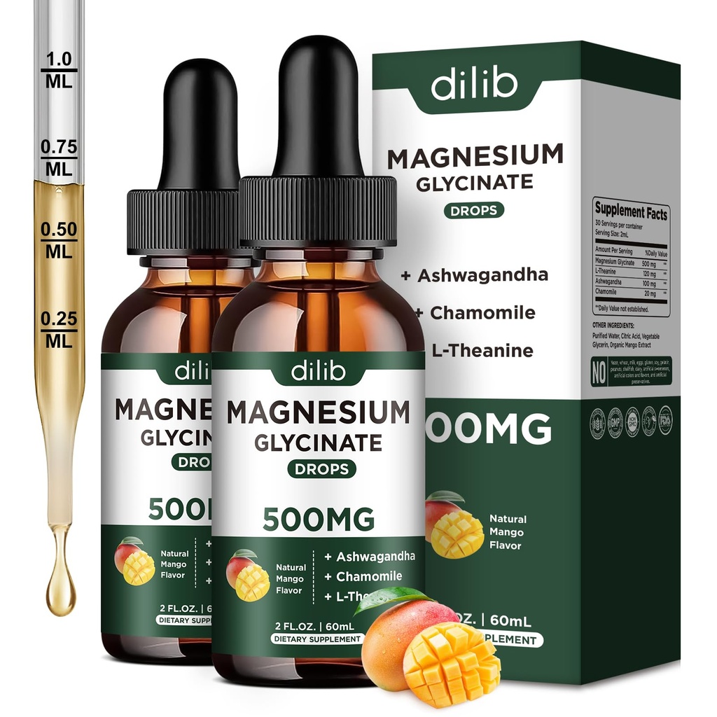 Magnesium Glycinate Liquid Drops Supplement, med Magnesium Glycinate 500mg Ashwagandha, L - Theanine, Chamomile -Support Stress Relief, Bone, Muscle, Mood Mango Flavor 2Pack