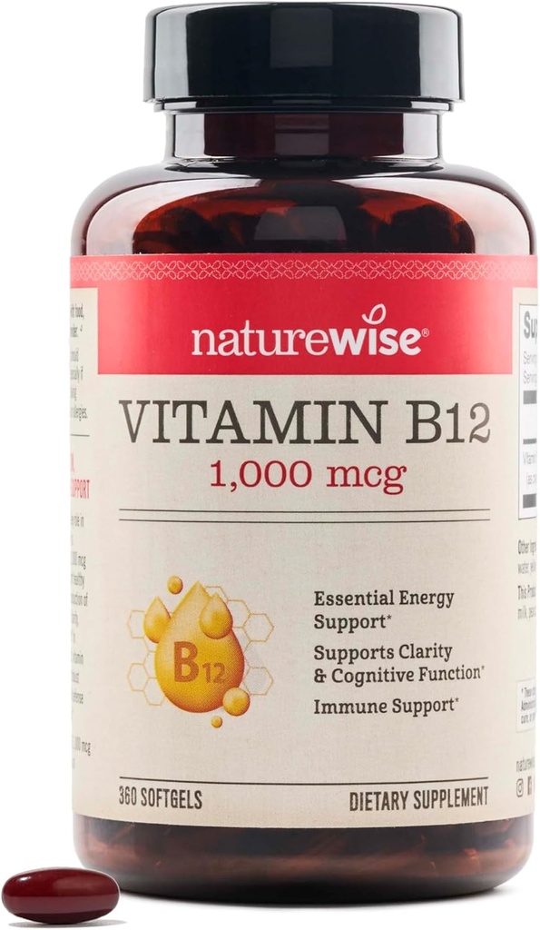 NatureWise Vitamin B12 1000 mcg - Kosttillskott för att stödja energimetabolism, Mental Clarity, Nervous System Health - Easy-to-Swallow, Soy & Gluten-Free, Non-GMO - 360 Count[1-Year Supply]