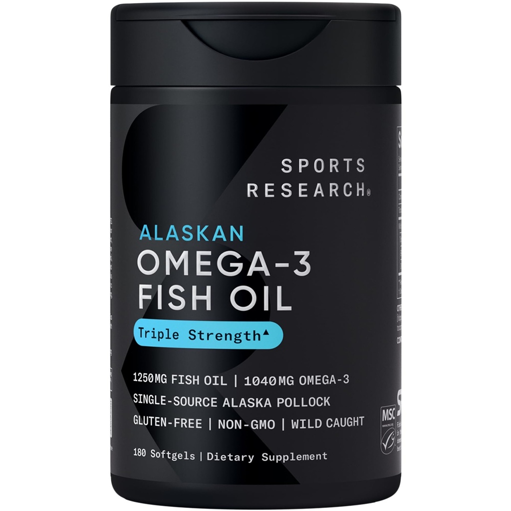 Sports Research Triple Strength Omega 3 Fish Oil - Burpless Fish Oil Supplement w/EPA & DHA Rasvahapot yhden lähdekoodin Wild Alaskan Pollock - 1250 mg, 180 ct
