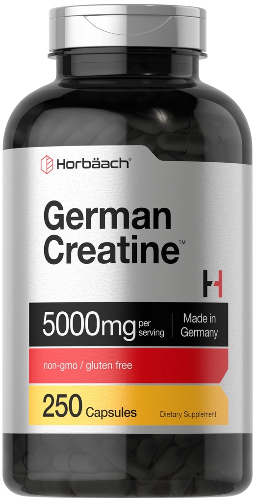 Horbaach tyska kreatinmonohydrater | 5000mg | 250 pulverkapslar | Non-GMO & Gluten fri tillägg