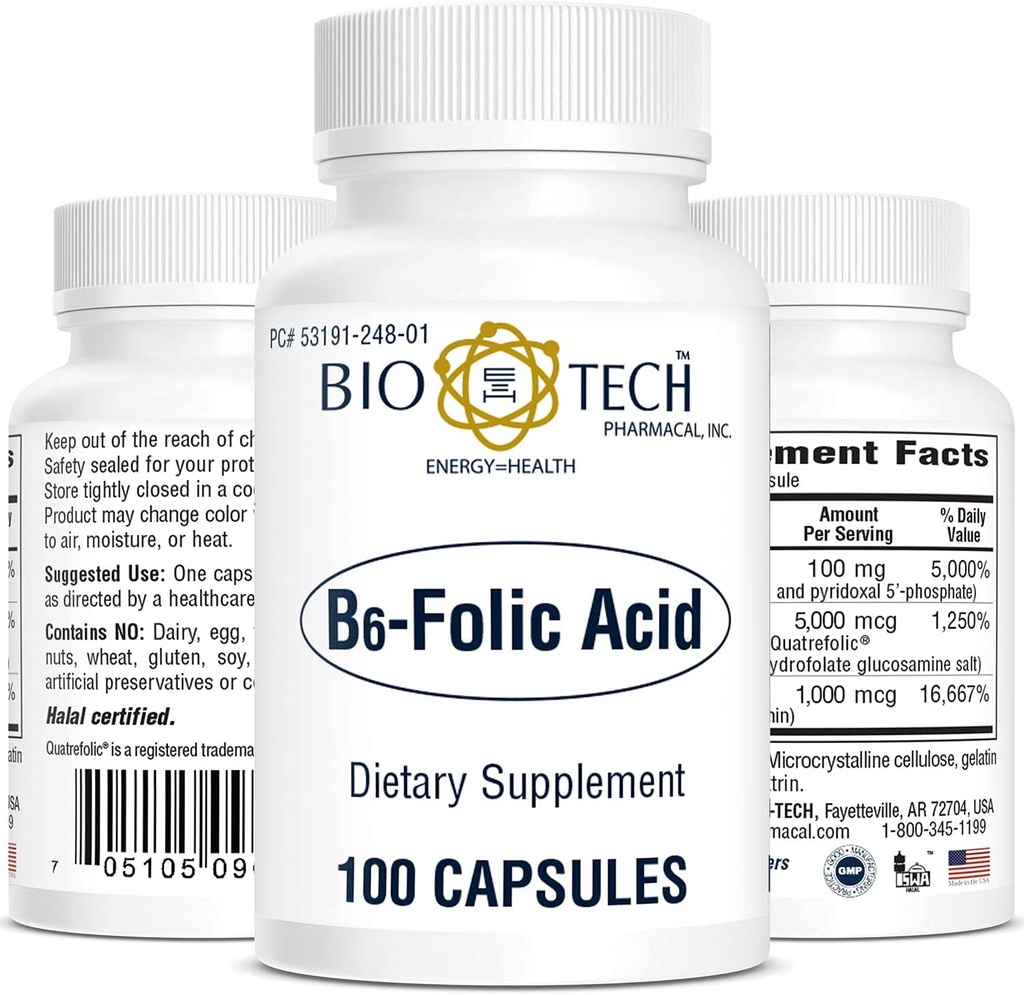 Bio-Tech Pharmacal B6-Folic Acid, 100 kapslar - All-Natural Supplement - Stöder kardiovaskulär, ben och nervsystemhälsa - No Dairy, Fish, Gluten, Peanut, Shellfish, Halal, & Soy - No