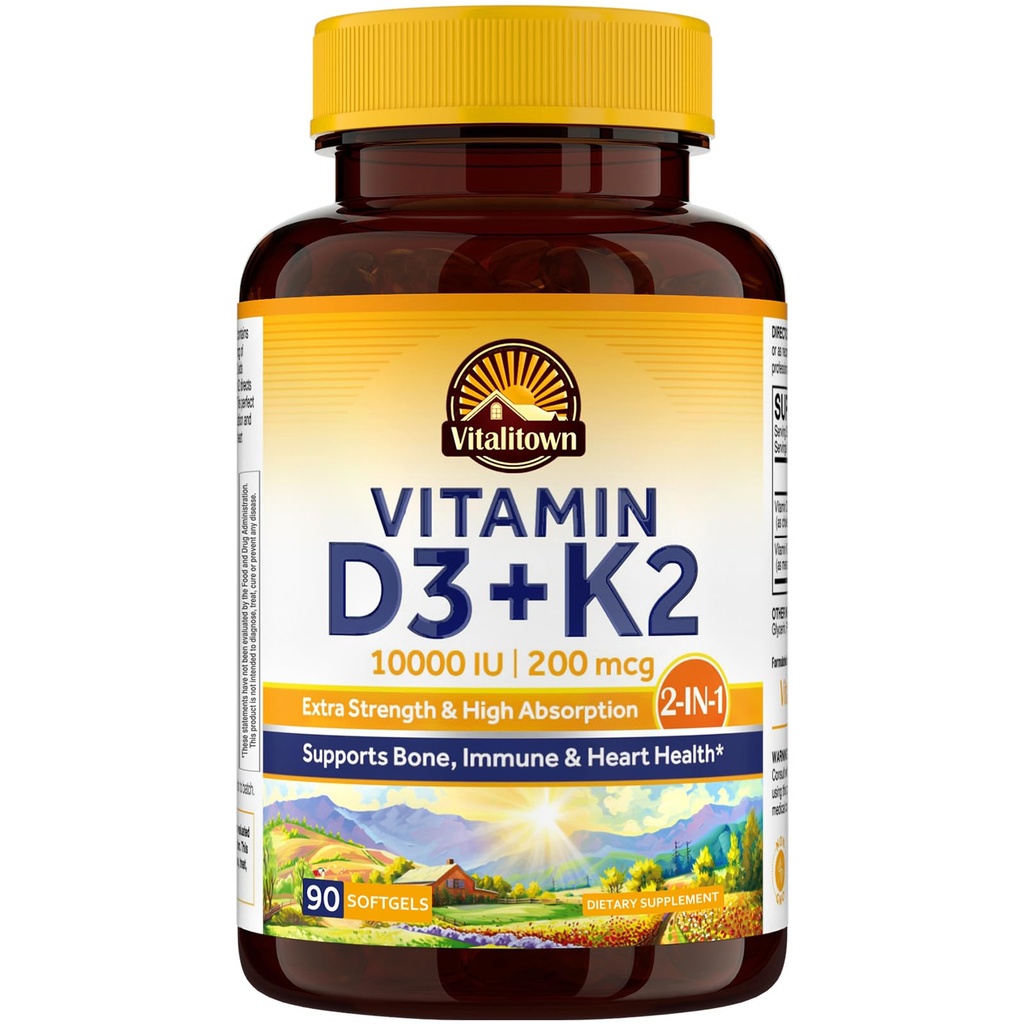 Vitalitown Vitamin D3 K2 Supplement, Vitamin D3 10000 IE Vitamin K2 (MK7) 200 mcg, 90 Softgels, Non-GMO, No Gluten & Soy, för Ben, Teeth, Immune & Heart Health