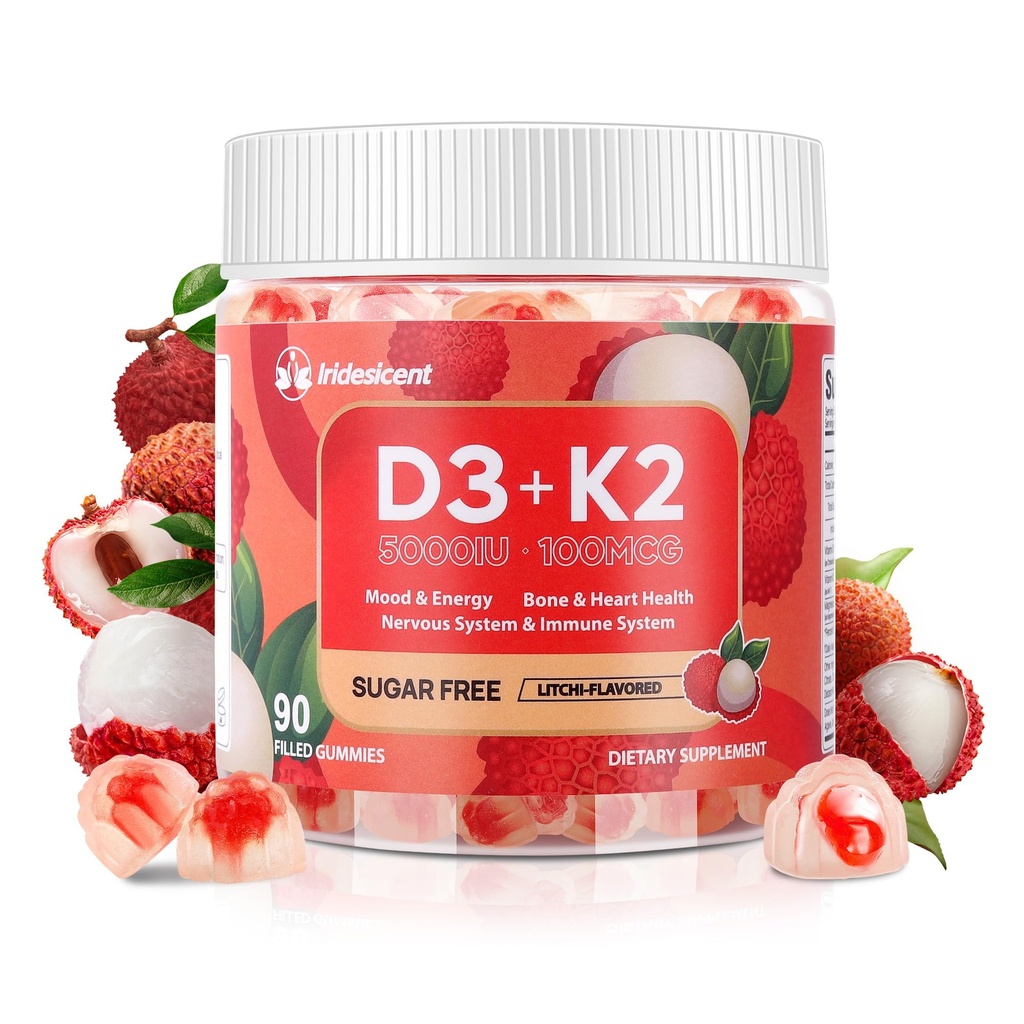 D3-vitamiini K2 Gummies w/Magnesium Sugar Free - 90 Count D3-vitamiini 5 000 IU + K2(MK-7) 100 mikrog - Vegan K2 D3-vitamiinilisä, voimakkaasti absorbentti tukee luuta, lihaksia, mielialaa ja immuunia.