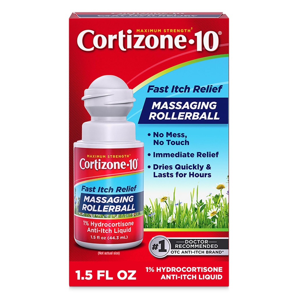 Cortizone-10 Maximal Strength Itch Relief Massaging Rollerball, 1% Hydrocortisone, Fast-Acting, Anti-Itch Liquid för Bug Bites, Rash, Eczema, Psoriasis, Poison Ivy, Oak, Sumac, 1,5 fl. oz