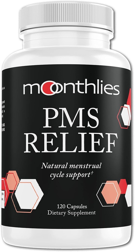 Moonthlies PMS Relief Supplement for Women Menstrual Cycle Support - Luonnollinen tasapaino Mood Swings, Period Cramps, Bloating, Väsymys, Veden säilyttäminen, PMDD, Perimenopaussi (60 päivän tarjonta 120 kapselia)