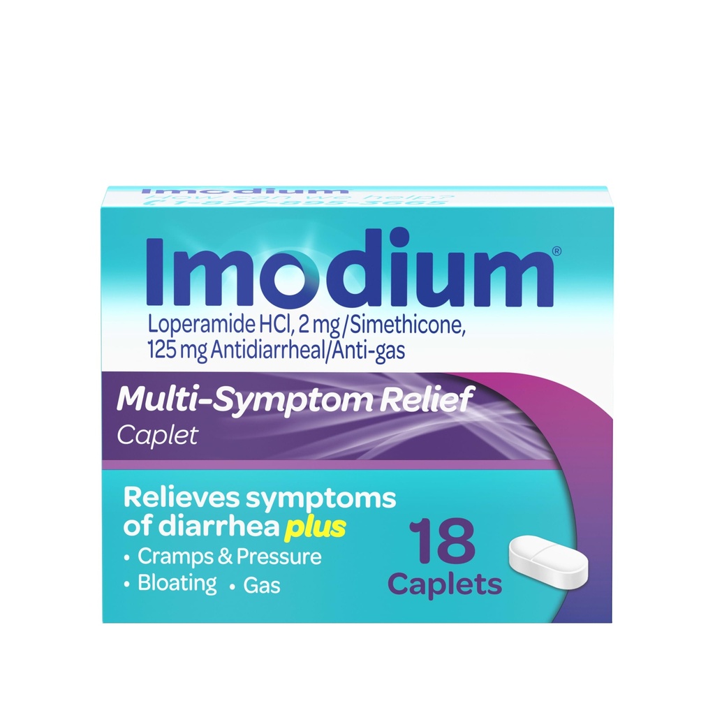 Imodium Multi-Symptom Relief Caplets, Loperamide Hydrochlorothiade & Simeticone Anti-Diarrheaal Medicine for the Ripulin, kaasun, turvotuksen, Cramps & Pressure, HSA/FSA Ohimenevä, 18 lla