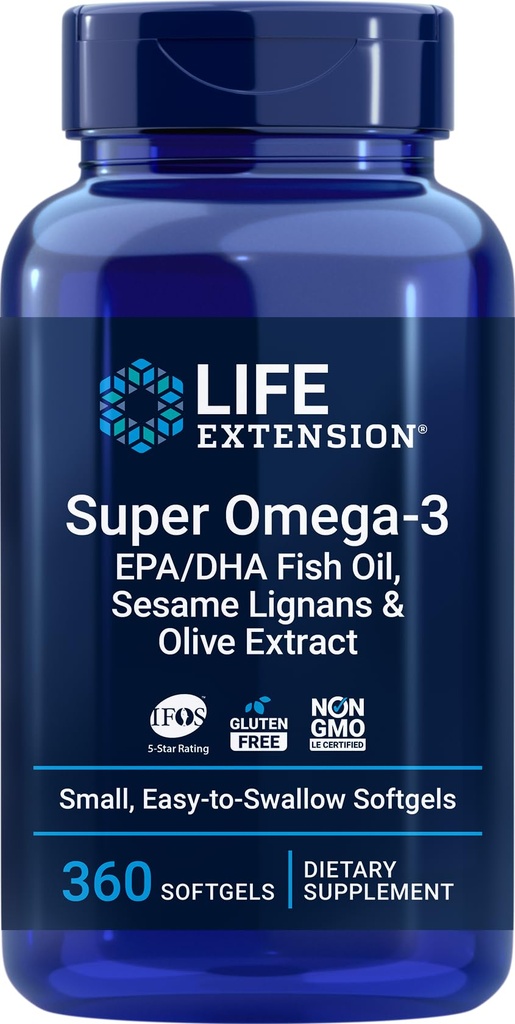 Life Extension Super Omega-3 360 Softgels, Helppo niellä, EPA/DHA Omega3 Fish Oil, Seesam Lignans & Olive Extract