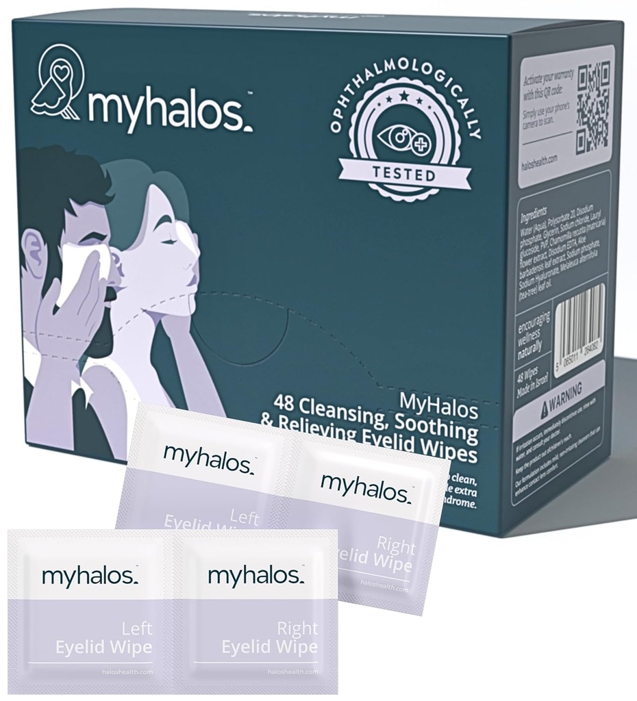 MyHalos® 48 Kosteuttavat silmäluomipyyhkeet kuiviin silmiin - Kosteuttavat ja rauhoittavat silmäpyyhkeet teepuulla - auttaa blephariitti- ja tietokonenäköoireyhtymään, silmäluomien blefariitin hoitoon, puhdistukseen