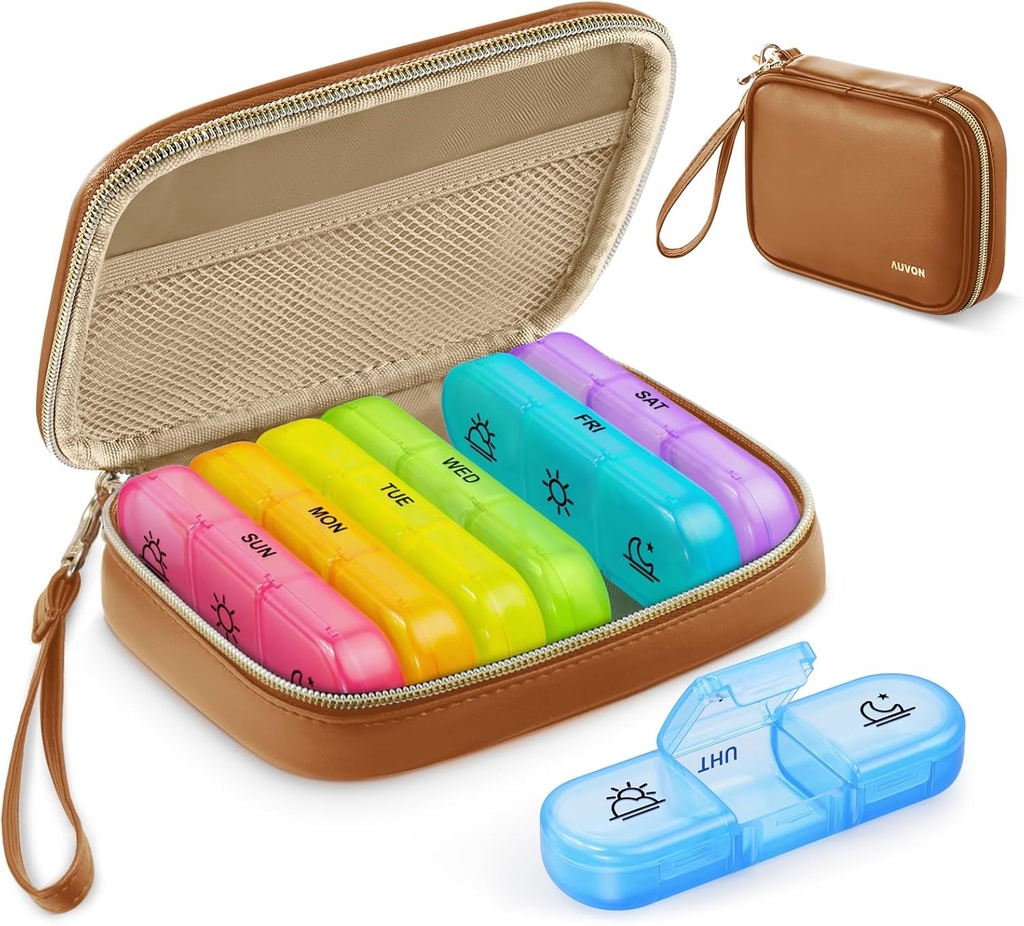 AUVON Weekly Pill Organizer 3 gånger om dagen, Large Pill Box 7 Day med en PU-läderväska, Protabel Travel Pill Case Medication Reminder, Daglig Pill Box 3 gånger om dagen för vitaminer, fiskoljor, tillskott