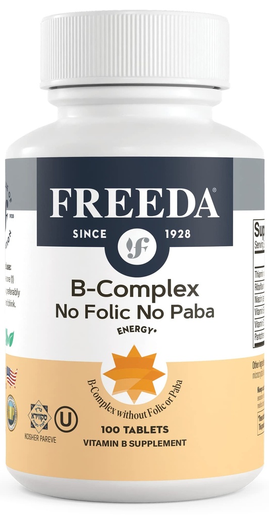 Freeda B-vitamiini Complex No Folic No PABA - Super B Complex Kosher-vitamiini täydentää B1-vitamiini B2-vitamiini B3-vitamiini B5-vitamiini B6-vitamiini B12 - Vit B-kompleksi naisten ja miesten (100 Ct)