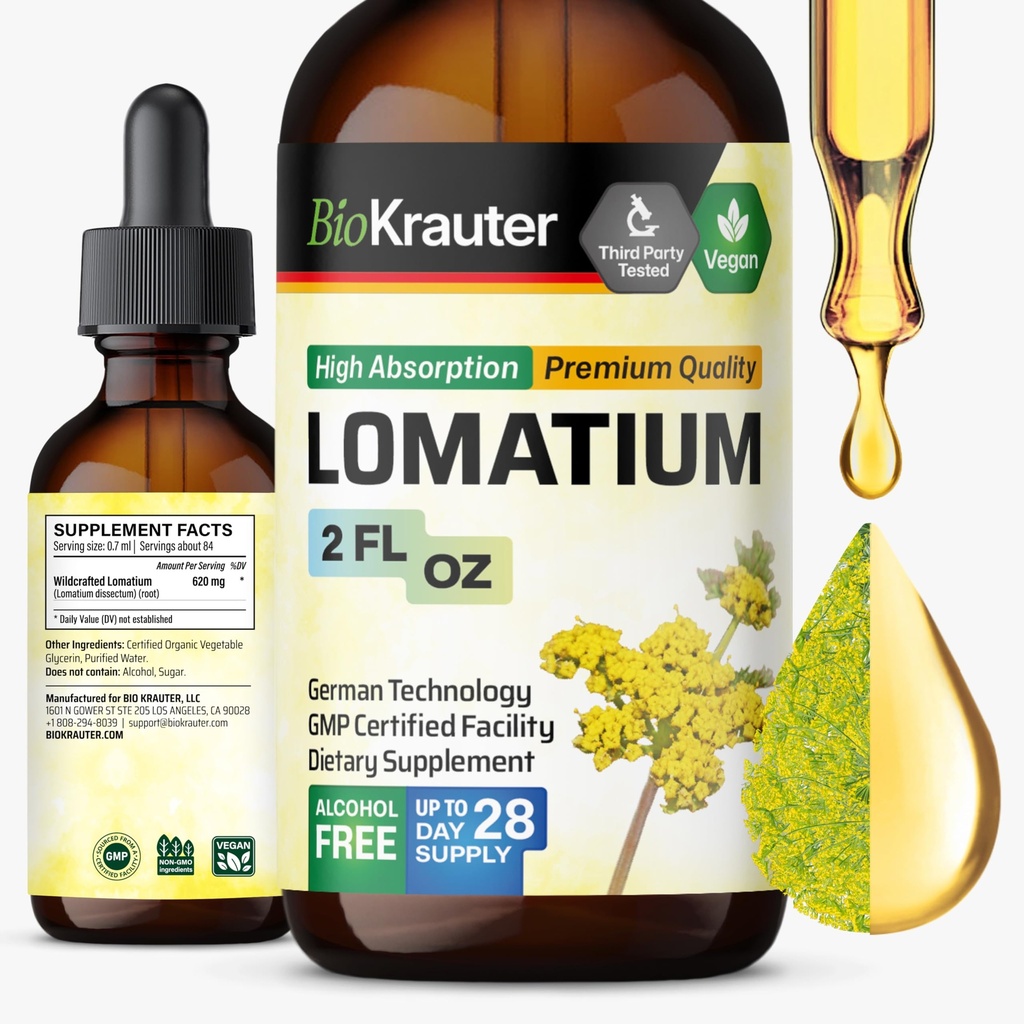 BIO KRAUTER Lomatium Root Tincture - Vegan hengitysteiden tuki täydentää - Lomatium Dissectum Liquid Extract - Alkoholiton ja sokeriton - 2 Fl.Oz.