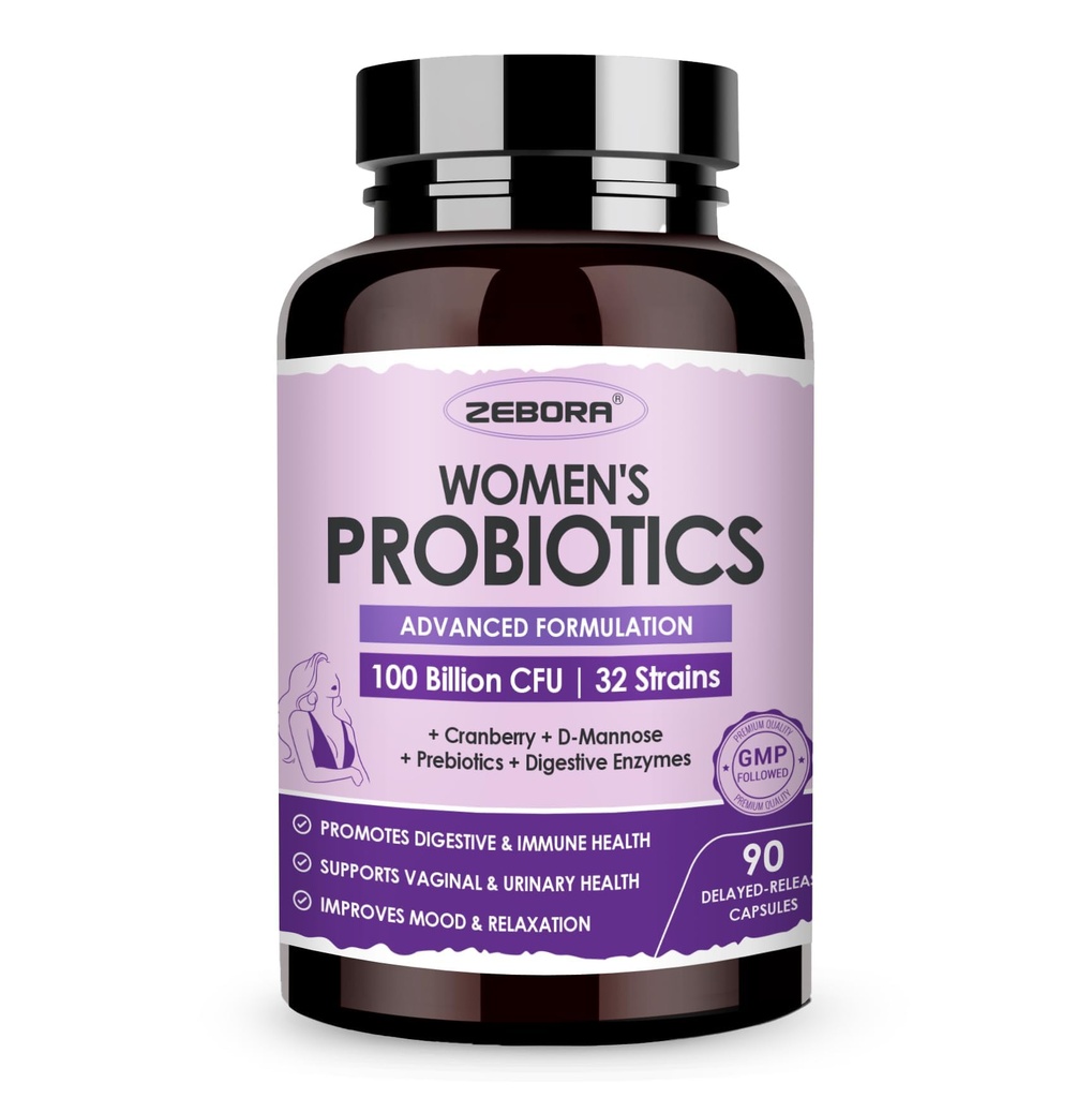 ZEBORA Probiootit naisille Entsyymien ja prebioottien kanssa 100 miljardin PMY: n emätinprobiootit D Mannose & Cranberry 
