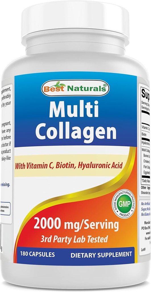 Best Naturals Multi Collagen pillereitä 2000mg naisille ja miehille - Hydrolysed Collagen Peptides kapselit hiusten iho ja kynnet tyypit I II III V X, Biotiini, hyaluronihappo ja C-vitamiini