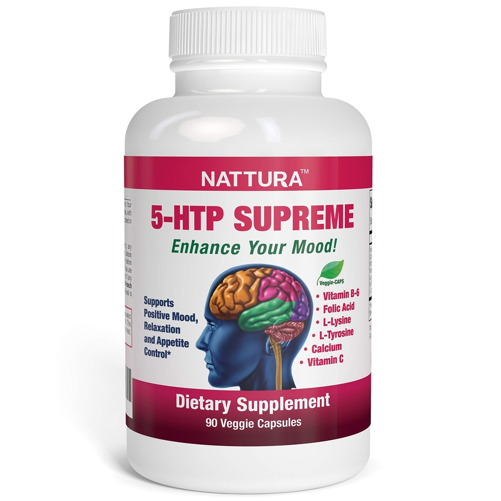 Nattura 5-HTP Supreme - positiivinen mieliala, rentoutuminen ja ruokahalu ohjaus - 5-HTP, L-tyrosiini, L-Lysiini, B-vitamiini, Folaatti (foolihappo), C-vitamiini (askorbiinihappo), kalsium - 90 kapselia