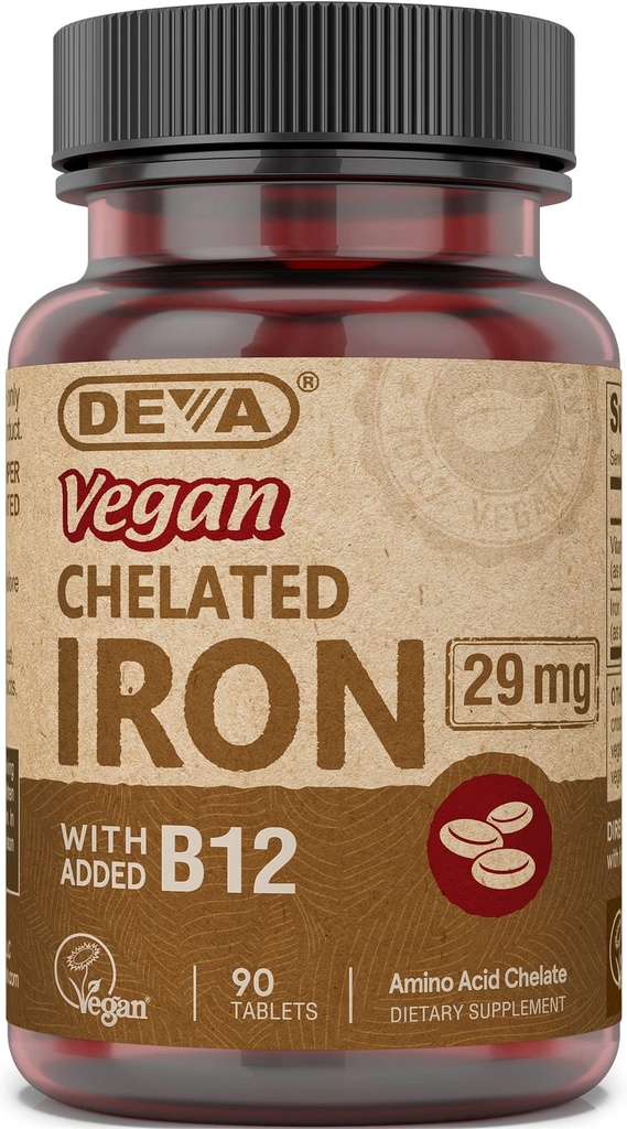 Deva Nutrition Vegan Chelated Iron 29 mg Befäst med B-12 - Hög styrka, lätt att svälja - 90 tabletter, 1-pack