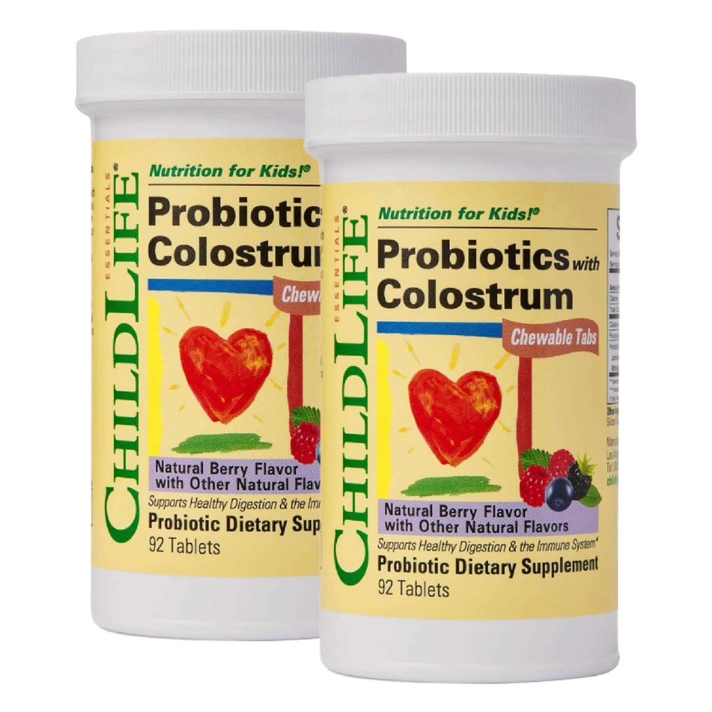 CHILDLIFE ESSENTIALS ChildBiotics with Colostrum- Probiotics for Kids, Probiotics for Digestive Health, Chewables, Children's Probiotic, Colostrum for Kids - Natural Berry, 92 tabletter (Pack of 2)