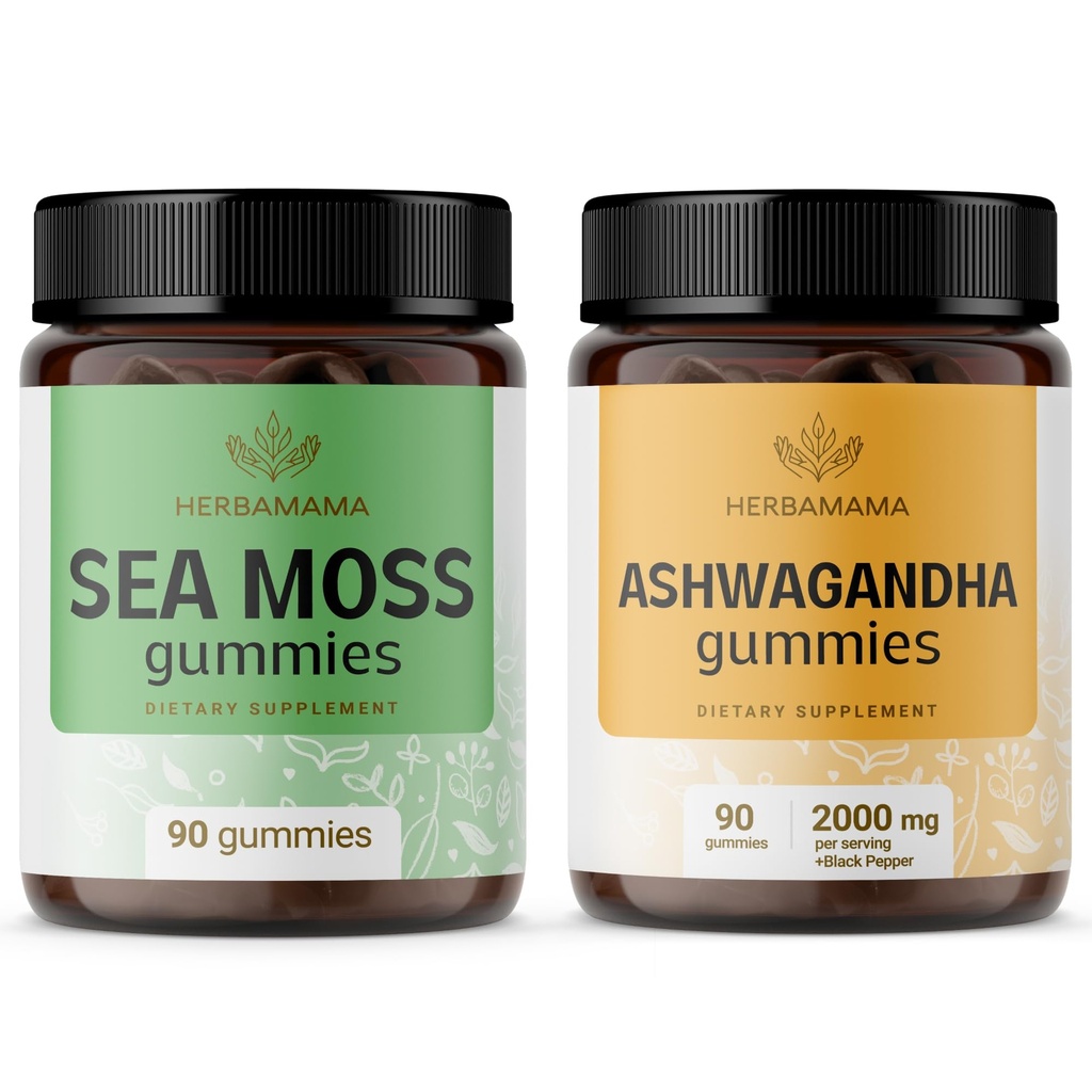 HERBAMAMA Sea Moss och Ashwagandha Kit - Bundle av 1600 mg Sea Moss med Bladderwrack & Ashwagandha Root Gummies - Vegan, Non-GMO, Gelatin-Free - 2 Pack