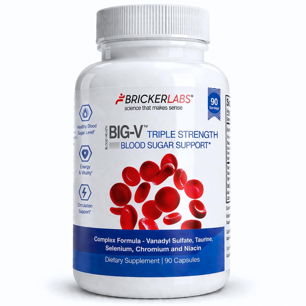 Bricker Labs Big-V Triple Strength Vanadyl Supplement: Vanadylsulfat 30 mg, Taurin 600 mg, Selenium, Chromium och Niacin, Blended Mineral Supplement Capsules 90 ct