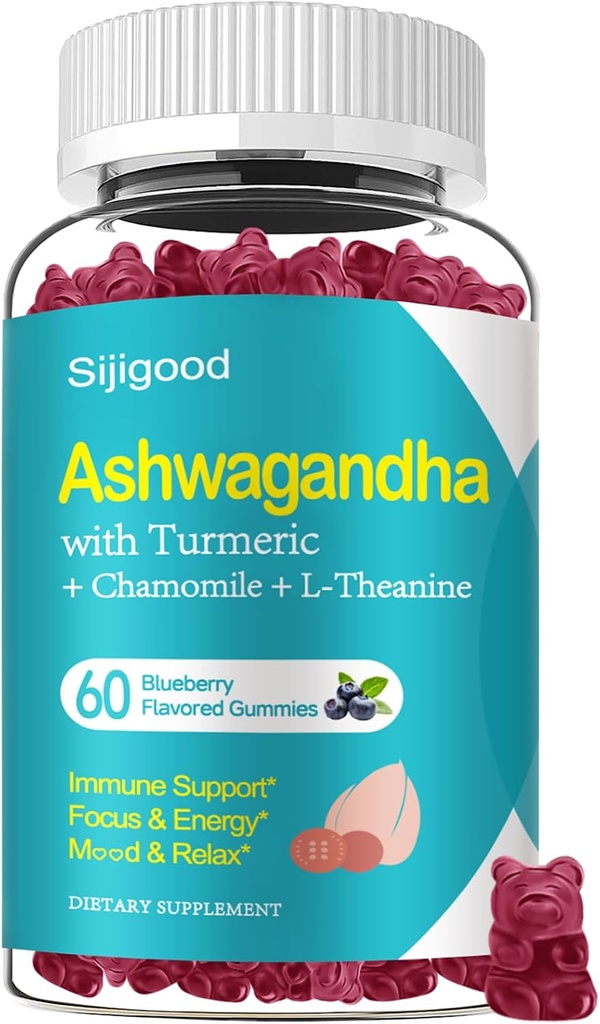 Ashwagandha Gummies, stöd för immunitet, avslappning, Ashwagandha Supplements for Men & Women, Natural Blueberry Flavor, 60 Count