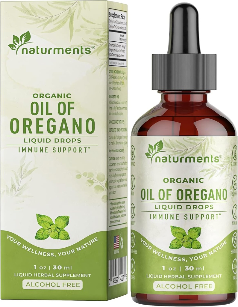 Naturments Oregano Oil Drops for Immuun Support & Gut Health. Vegaani, muu kuin GMO, sokeriton ja gluteeniton luomu Wild Mediterranean Oregano Oil with Organic Extra Neitsyt Olive Oil - 1 Fl Oz 30 Ml