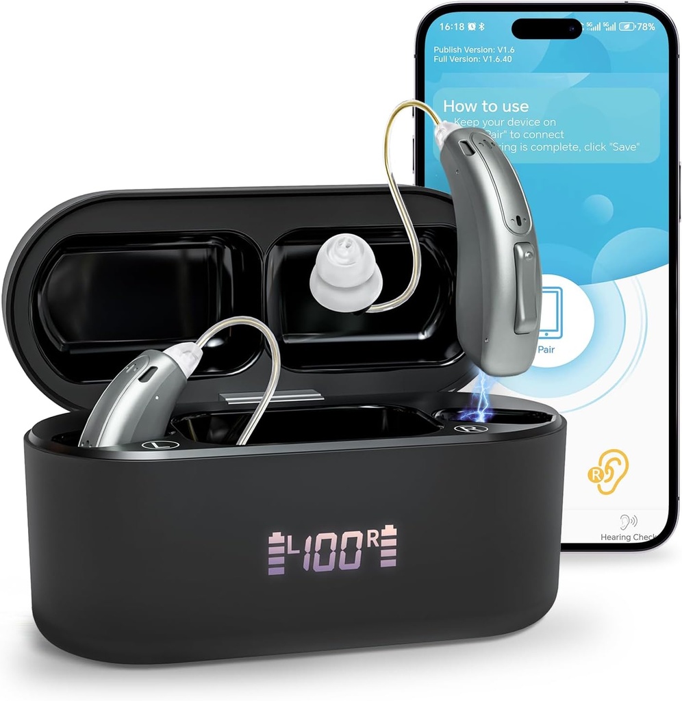 Kuulolaitteet (ei vahvistimia), Bluetooth Ladattavat kuulolaitteet senioreille aikuisille, Superior Sound Quality OTC Smart Heading Aid with Melu Peruutus, Bluetooth Enabled & App Control, 4 Modes