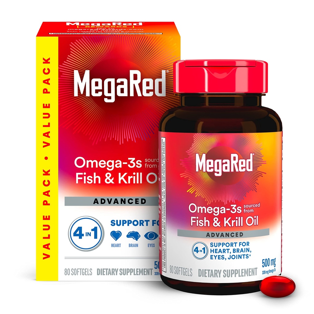 Megared Omega-3 Fish Oil + High Absorption Krill Oil 500mg Softgels, MegaRed Advanced 4in1 (80 räknas i en flaska) Koncentrerad Omega-3 Fish & Krill Oil Supplement