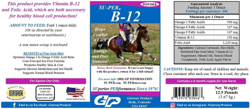 Su-PER B-12 Energy Horse Supplement - Equine Vitamiinit B-12 & B-9 Folic Acid Support Powder - 12,5 punta, 6 kuukauden tarjonta