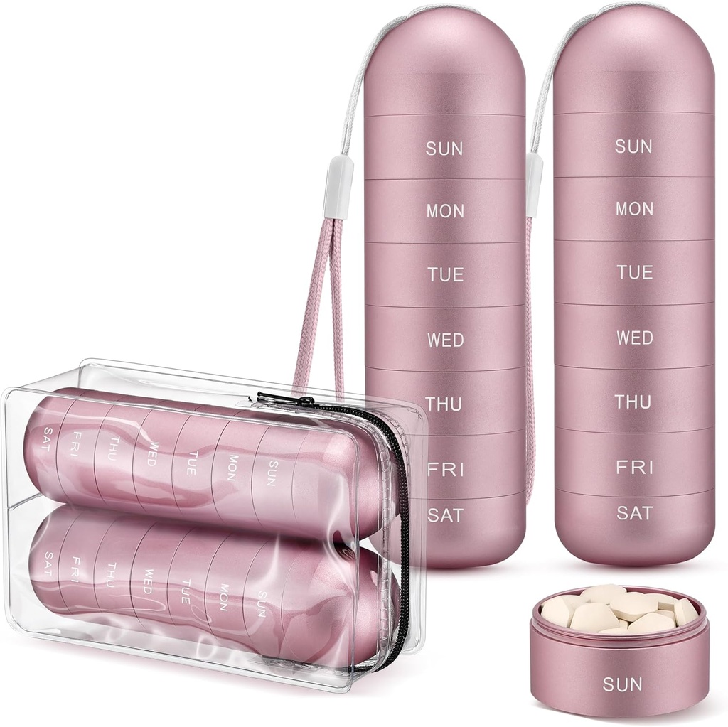 [2 pakkaus] Zannaki Metal Travel Pill Organizer, Kannettava vedenpitävä Viikottainen pilleri laatikko, suuri alumiiniseos pilleri Case Container, BPA ilmainen 7 päivää Päivittäinen lääketieteen Organizer haltija vitamiini, täydentää