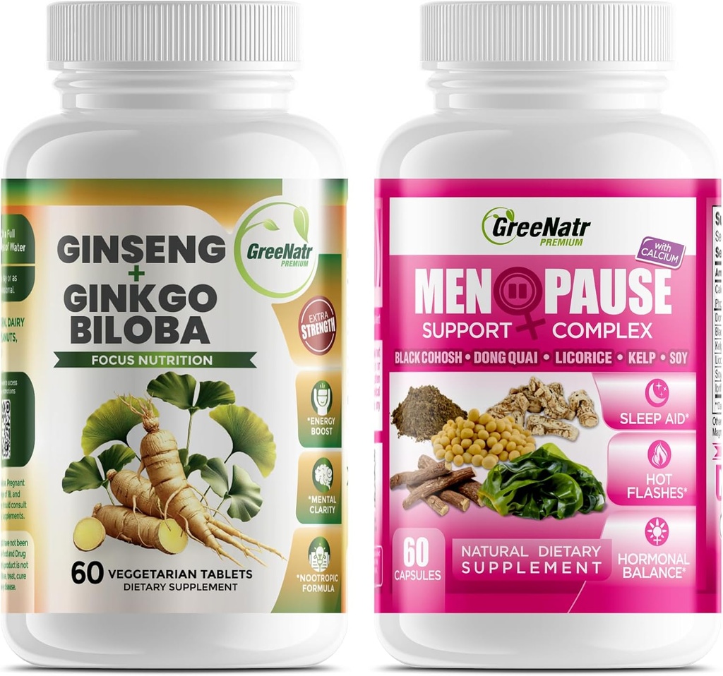 Optimaaliset hyvinvointiratkaisut: kasviperäisten vaihdevuosien tuki ja Ginseng + Ginkgo Biloba Energy & Brain Focus Booster miesten ja naisten