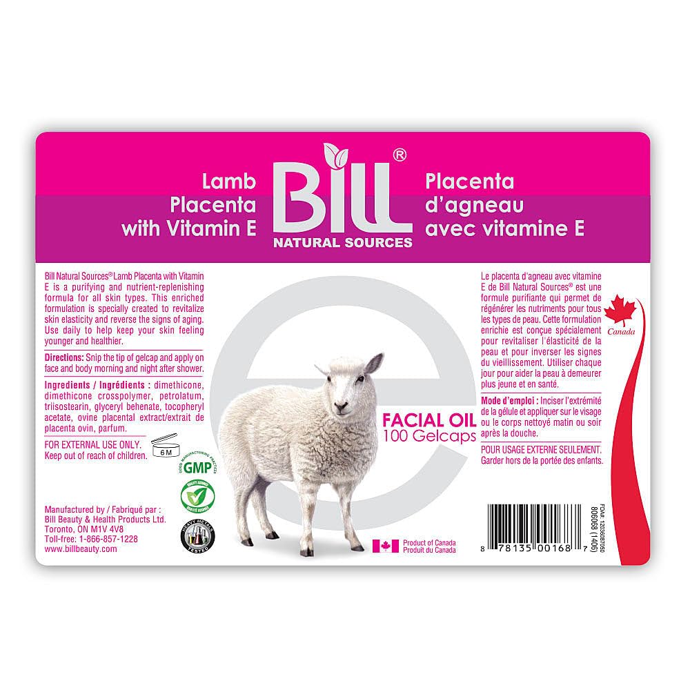 Bill Natural Lähteet Lamb Placenta kanssa E-vitamiinia, 100 Gelcaps - nuorentaa tylsiä ihosoluja ja elvyttää ihosolujen elastisuus