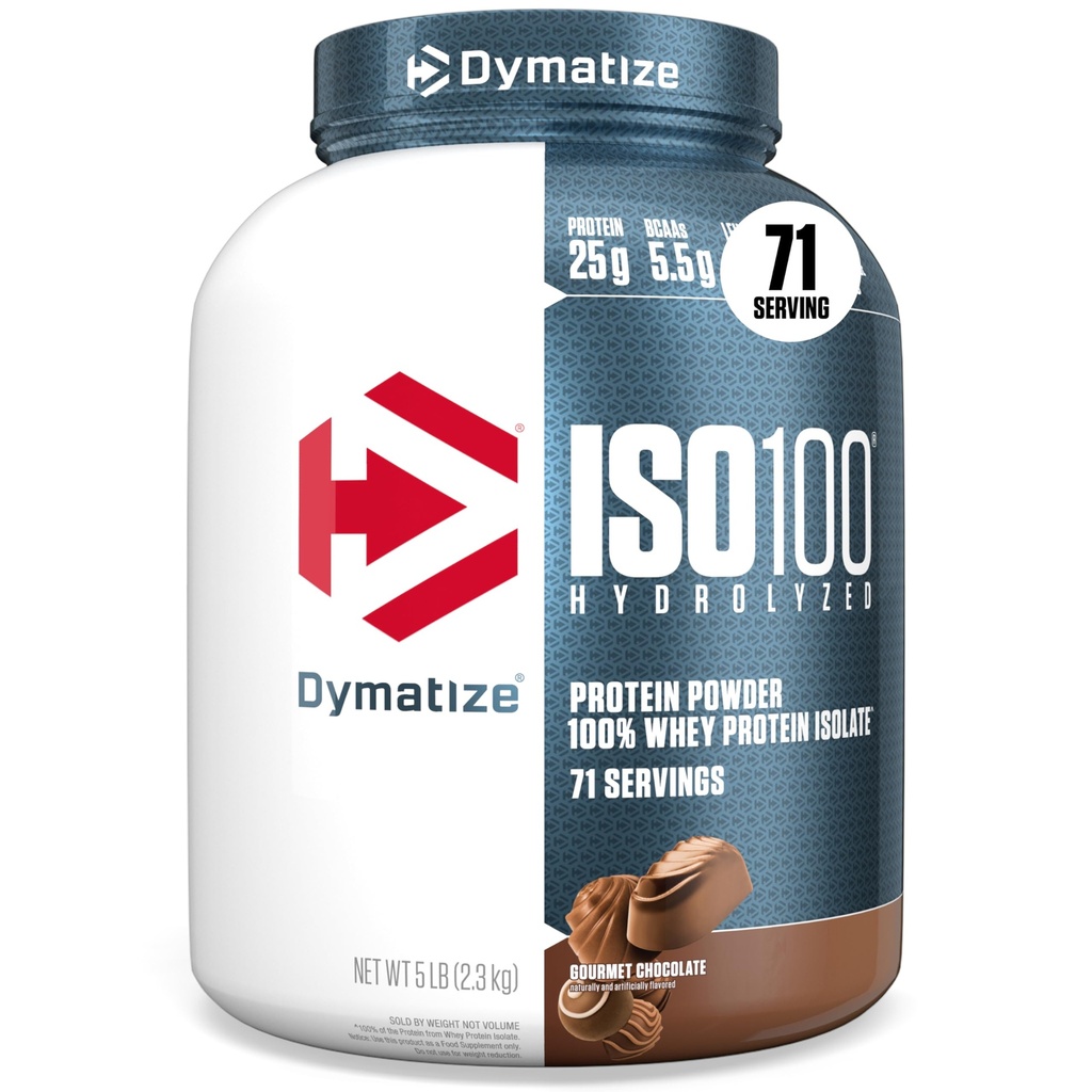 Dymatize ISO100 Whey Protein Powder Isolate, Gourmet Chocolate, 25g proteiinia, 5 punta, 5.5g BCAAs, Alle 120 Cal., Gluteeniton, 1g rasvaa, 1g sokeria, 2g Karb (71 tarjoilua)