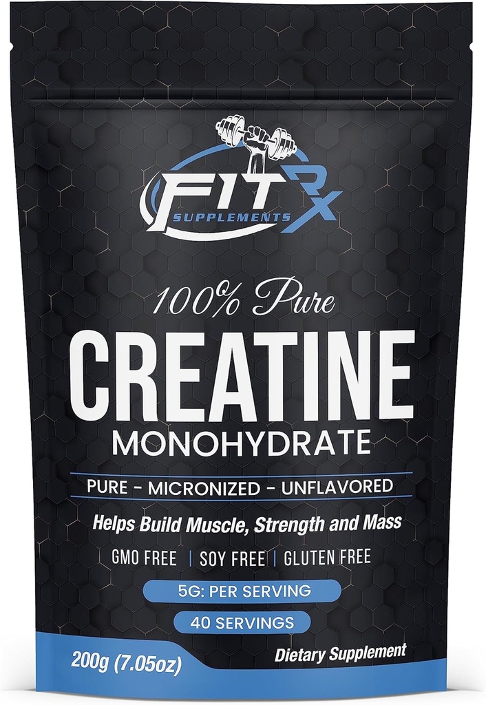 FITRxSupplements.com Pure Creatiini Monohydraatti Powder - Nolla lisätyt ainesosat - Ei kaloreita, 5g per tarjoilu, makuamaton 40 tarjoilua, 200g, Nopea liuotus