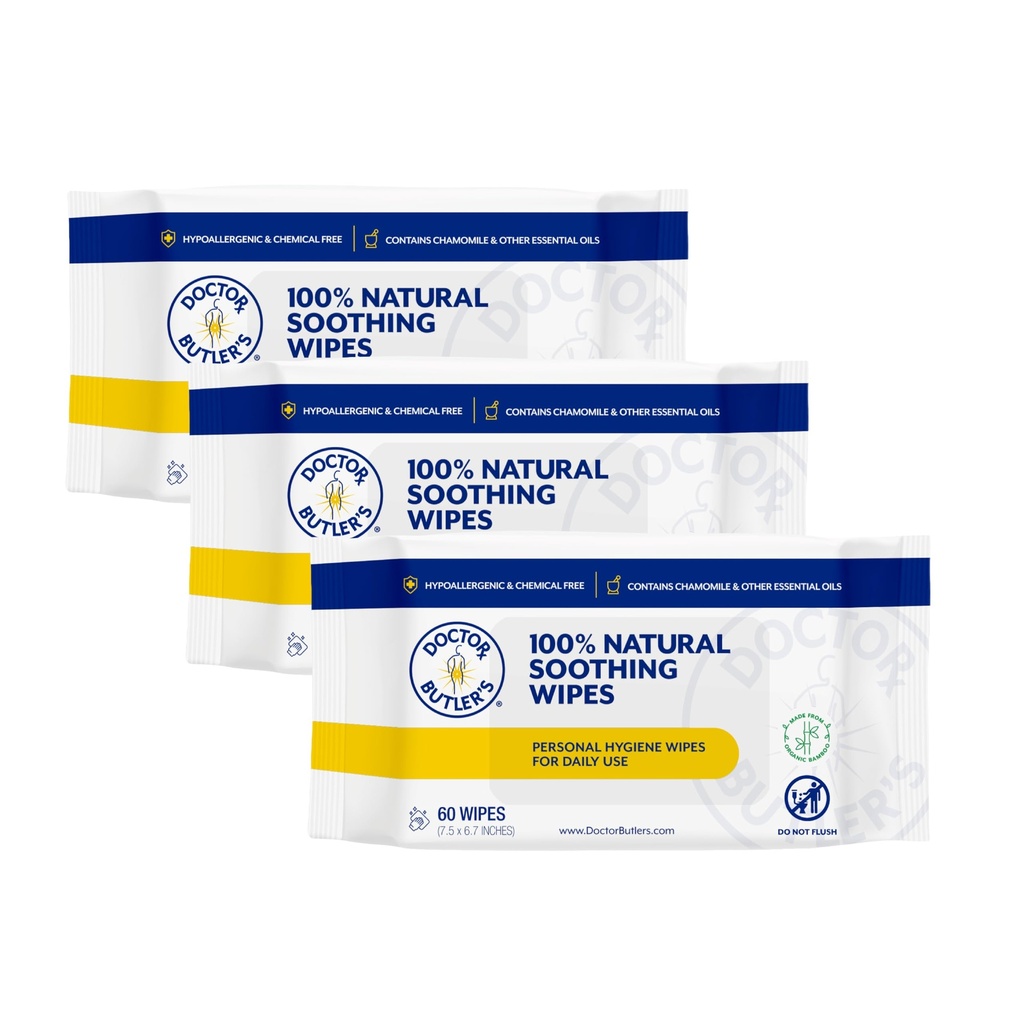 Doktor Butler's Soothing Wipes - All-Purpose Wet Wipes för känslig hud, ansikte Wipes och Baby Wipes med kamomill och essentiella oljor * (3 Pack - 60 Count)