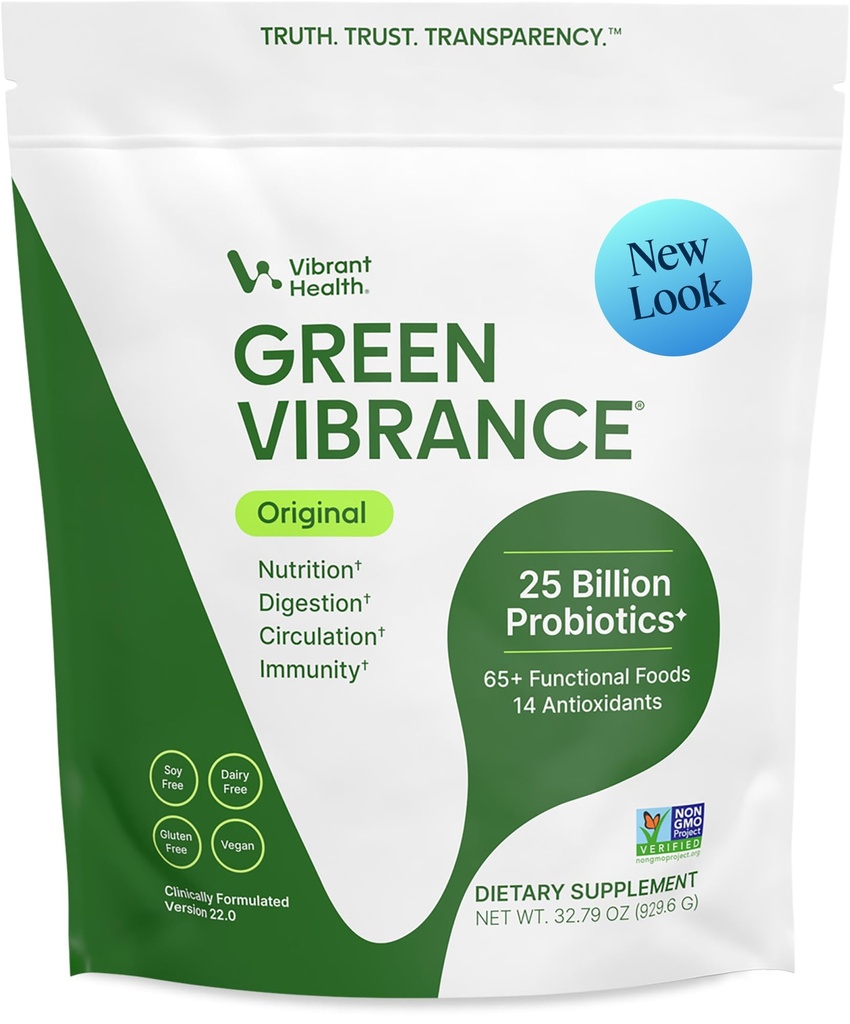 Vibrerande hälsa, grön vibrans, innehåller 65 växtbaserade superfoods, 25 miljarder probiotika, fiber, adaptogener och enzymer, 83 portioner