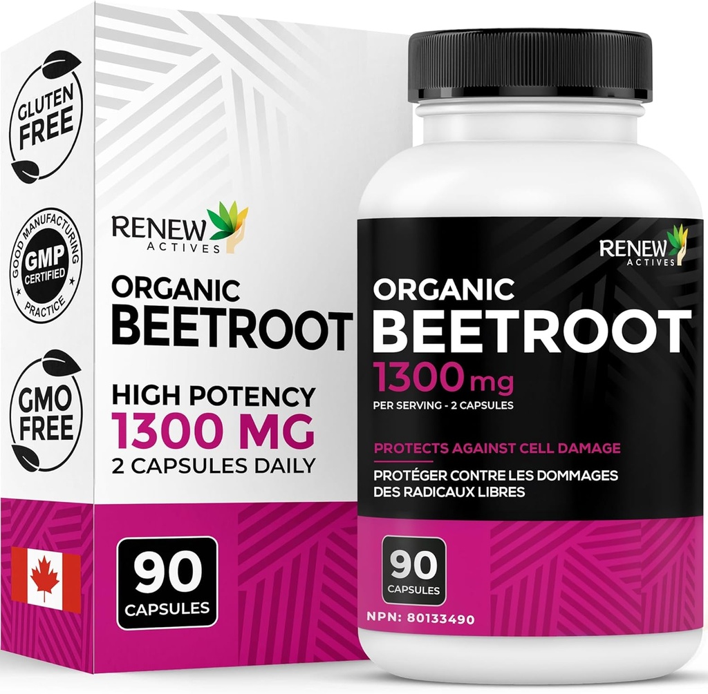 Renew Actives Organic Beetroot Supplement 1300MG per 2 kapselia - Pure Beetroot Powder for Circulation, Natural Energy, & Antioksidantti edut - High-Potency Superfood, Valmistettu Kanadassa - 90 kapselia
