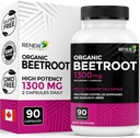 Renew Actives Organic Beetroot Supplement 1300MG per 2 kapslar - Pure Beetroot Powder för cirkulation, naturlig energi och antioxidantförmåner - Högpotens Superfood, Made in Canada - 90 kapslar