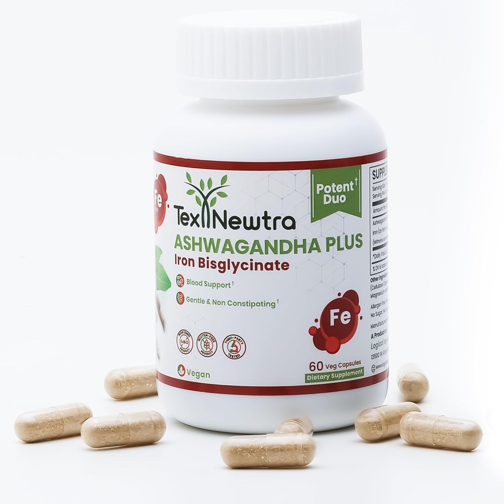 Ashwagandha med Iron Bisglycinate - 300mg & Bioavailable Iron 10mg - 60 kapslar