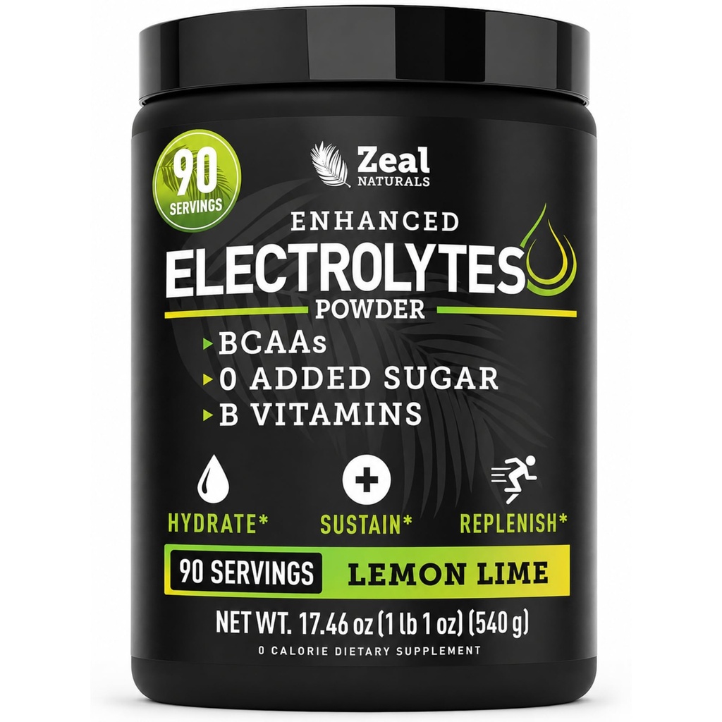 Zeal Naturals Electrolyte Powder Recovery Drink (90 tarjoilua - Sitruunalimetti) w 0 Sokeri + BCAAs + B-vitamiinit Elektrolyytti täydentää w Kalium Sinkki & Magnesium Hydraation - Keto Elektrolyytit