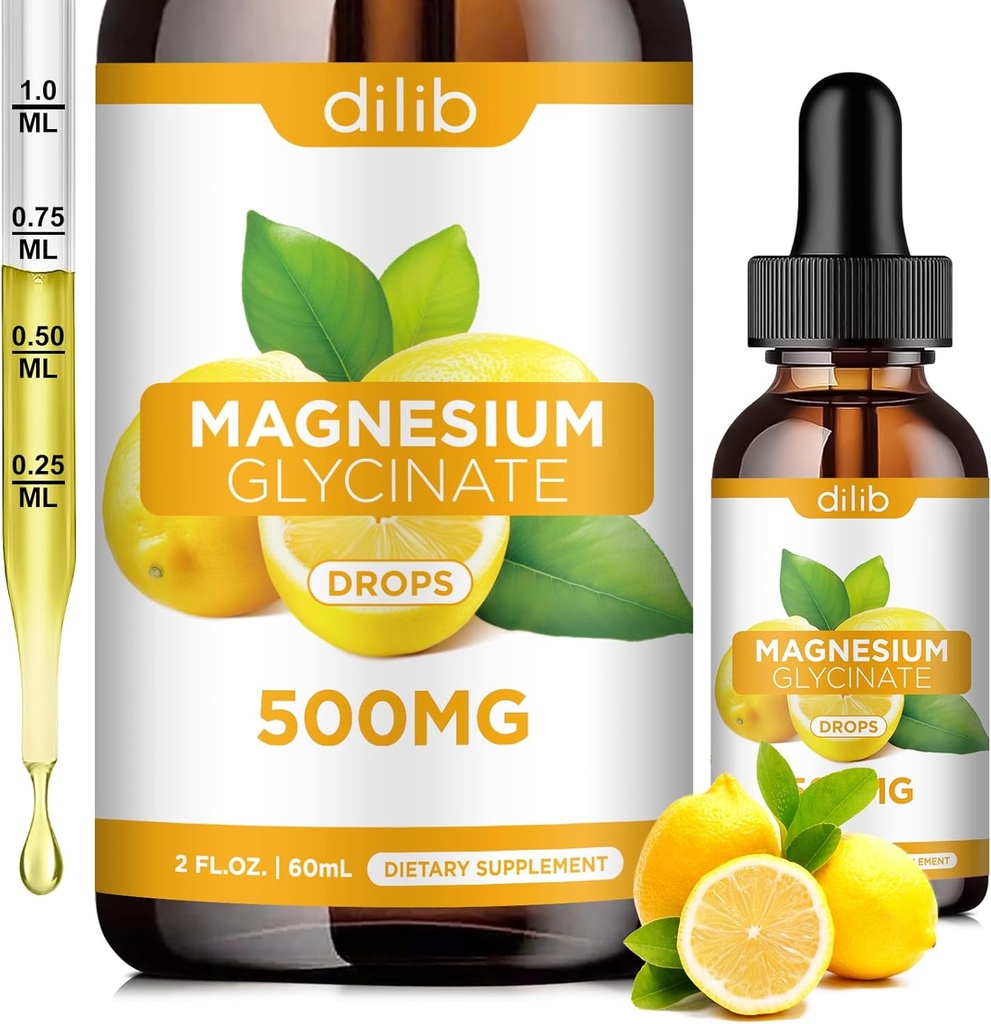 Magnesium Glycinate Supplement, magnesium Glycinate Liquid Drops 500 mg kalsium, sinkki, B6-vitamiini, D3, L-Theanine, Omega 3 uni, mieliala, stressi helpotus, luu, lihas, sitruunan maku