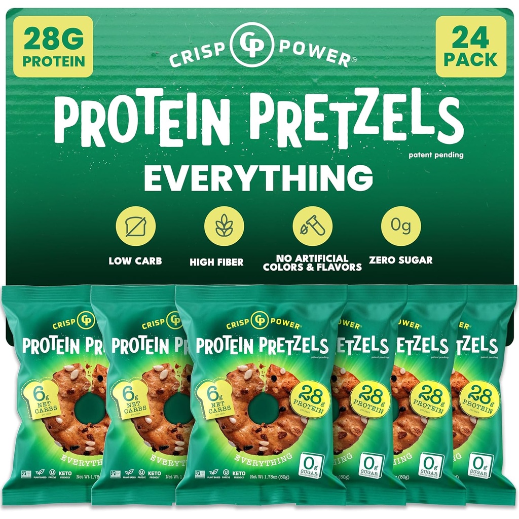 Crisp Power Protein Pretzels, Kaikki, Korkea Protein Vegan Keto Välipala, 28 G Kasvipohjainen proteiini, Low Carb Crunchy Pretzel Välipalat, Sokeriton, Ei Seed Oils, 1,75 oz Laukut, 24 Pack