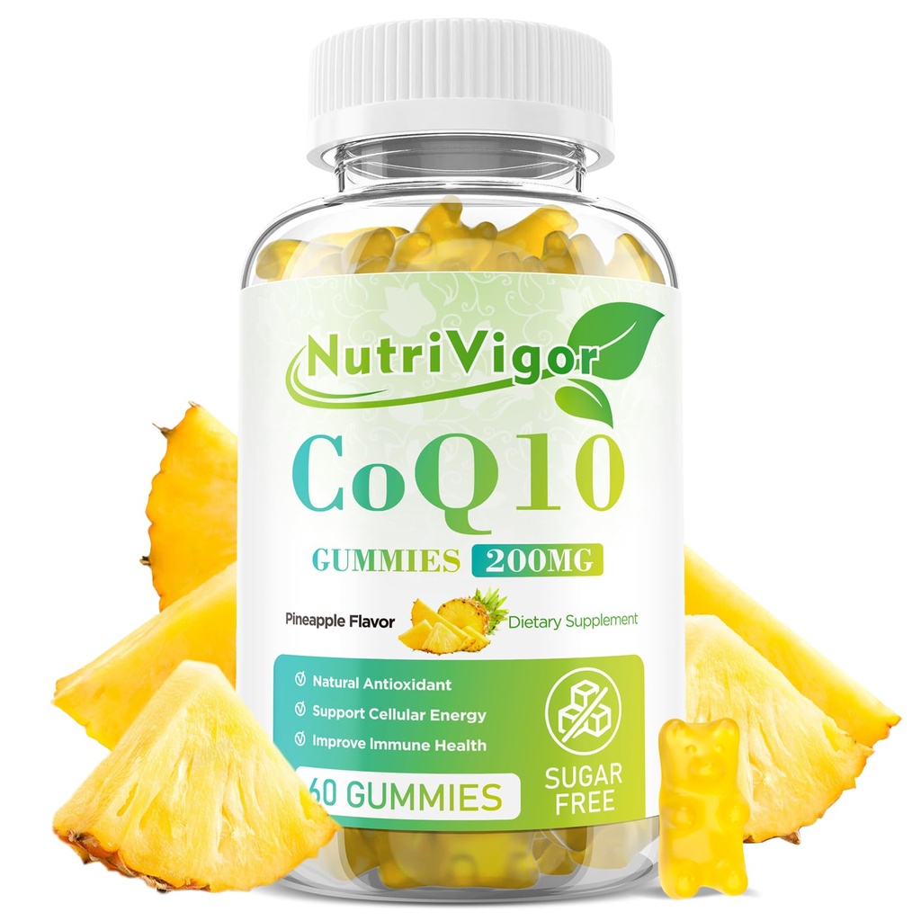 CoQ10 Gummies, Coenzyme Q10 Supplement 200 mg, High Absorption CoQ10 Supplement för cellulär energi och immunhälsa, Vegan, Gluten Free, Pineapple Flavor, 60 Count