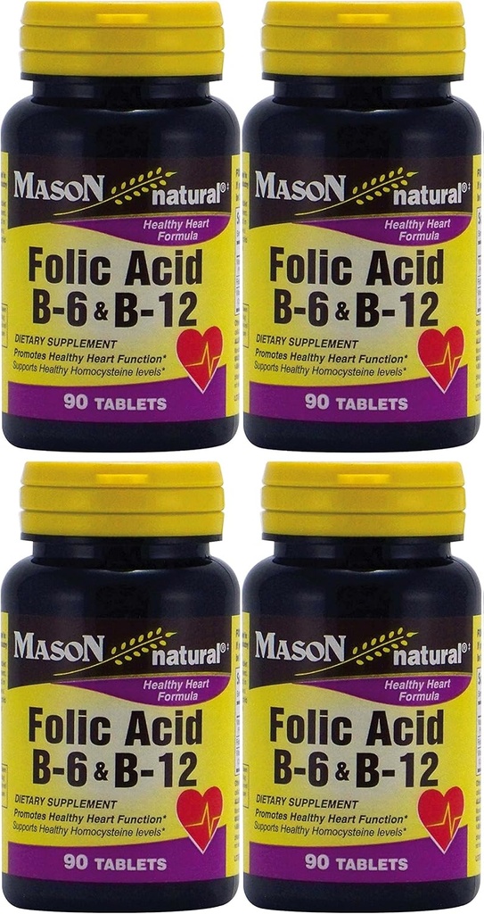 Mason vitamiineja Foolihappo B-6 & B12 Heart Health Formula 90 tablettia per purkki 4 yhteensä 360 tablettia