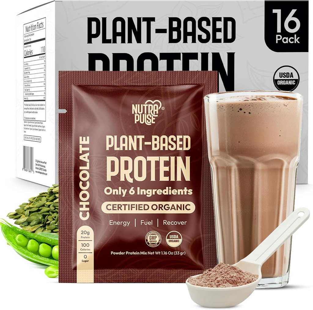 Organic Vegan Protein Powder Näytepakkaus - Kasviperäistä proteiinia, gluteeniton, ei GMO, 20g Protein Per Serving, Great for Smoothies & Shakes (suklaa, pakkaus 16)