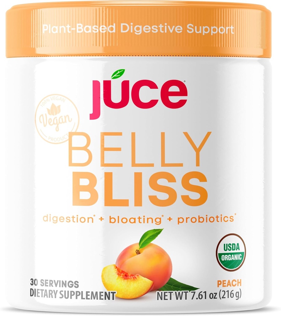 Júce Belly Bliss, Peachy Greens, 30 portioner, Probiotics + Greens, Bloating Support med Plant-Based Digestive Enzymes, Dietary Supplement Powder - Av Terra Kai Organics