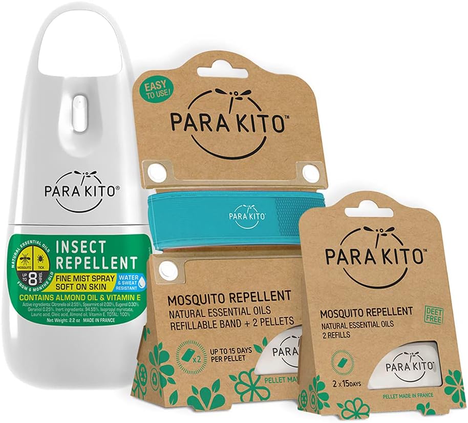 PARAKITO Mosquito, Hyönteinen ja ötökät Spray Bundle - Sisältää Spray, Turkoosi Wristband & 4 Täydennystä DEET ilmaiseksi, Citronella Essential Oils, Täydellinen leirintä, Retkeily, Matka Ulkona Toiminta