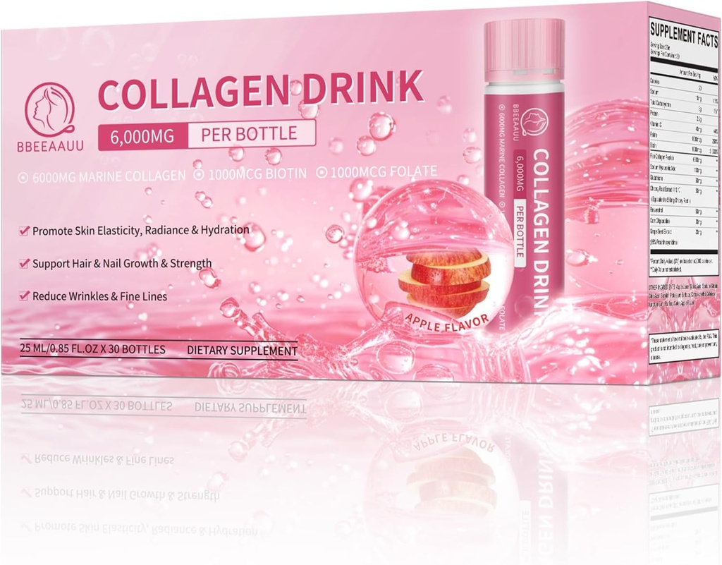 Collagen Drink 6000mg Marine Collagen Peptides, Liquid Collagen Shots for Women with Hyaluronic Acid, C-vitamiini, Kollageeni täydentää Tuki iho, hiukset & kynsi, 0,85 Fl.Oz x30 pullot, Apple Flavor