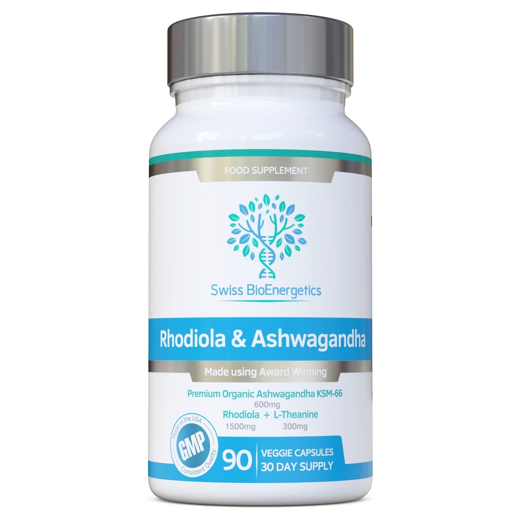 Rhodiola & Ashwagandha L-Theanine - Palkinto Winning Ashwagandha KSM-66 600mg & 1500mg Rhodiola (3% Rosavins - 1% Salidrosides) koko juuri ekvivalentti- adaptogeeni combo- Ei keinotekoisia täyteaineita