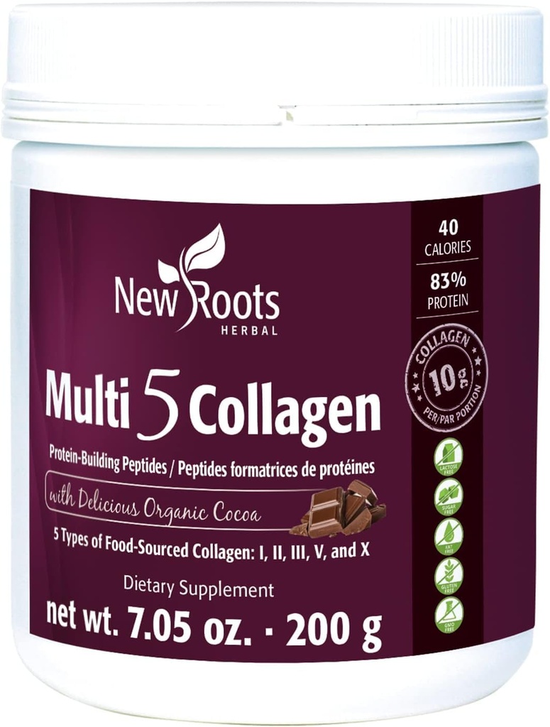 NEW ROOTTS HERBAL Multi 5 Coco Collagen Powder Supplement (tyypit I, II, III, V ja X) Hydrolyzed Collagen - Dairy & Gluten Free - 12g per Tarjoilu - Chocolate Flavor, 7.05 oz