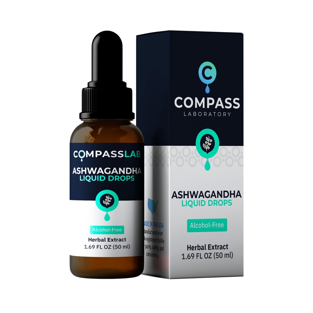 COMPASS LABORATORIO Ashwagandha Liquid Drops - Mielialan tuki ja hyvinvointi täydentää - Natural Cortisol Manager ja Immuuni Booster - 2 fl oz