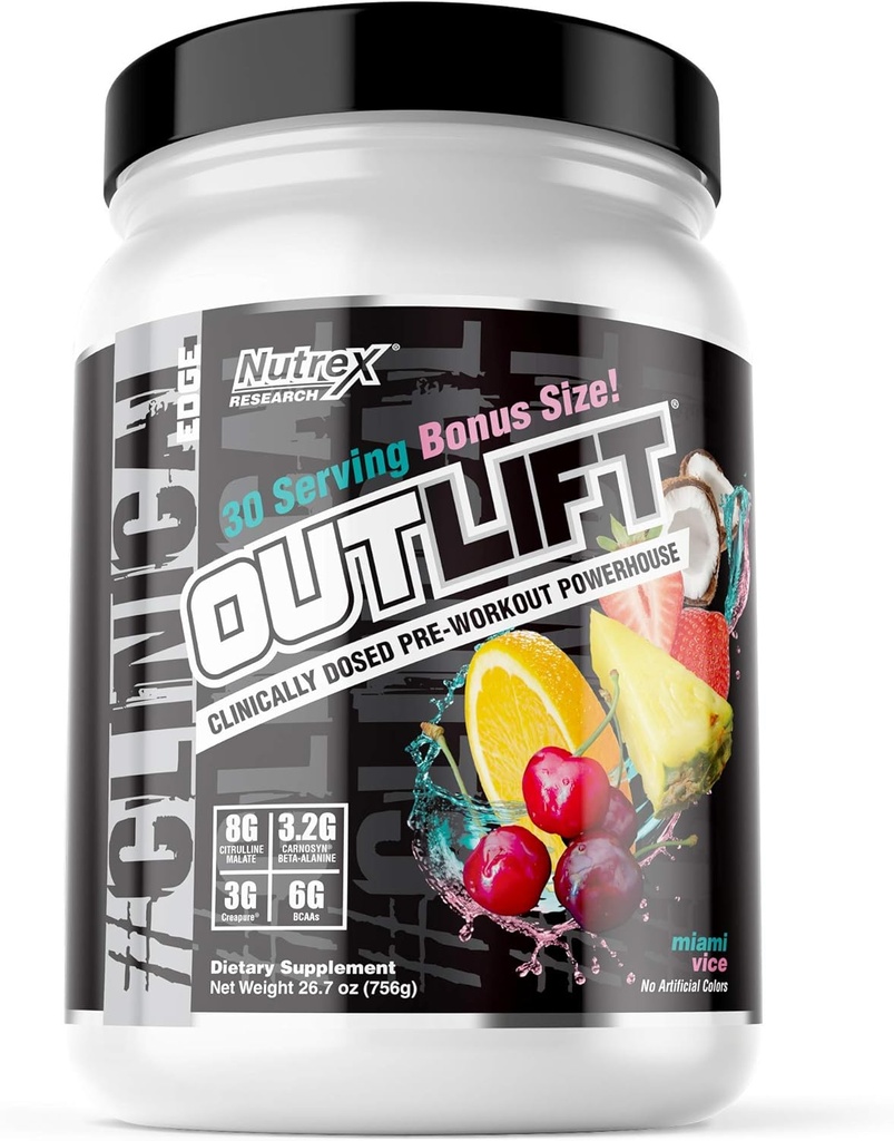 Nutrex Outlift Kliinisesti annosteltu Pre Treenout Powder Creatiini, Citrulline, BCAA, Beta Alanine, kofeiini Energia, Teho, Pump Preworkout täydentää Miami Vice 30 Serving